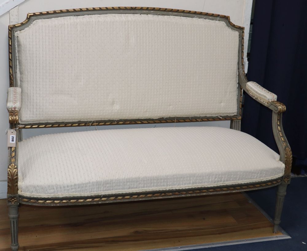 A Louis XVI style painted and parcel gilt settee, W.128cm